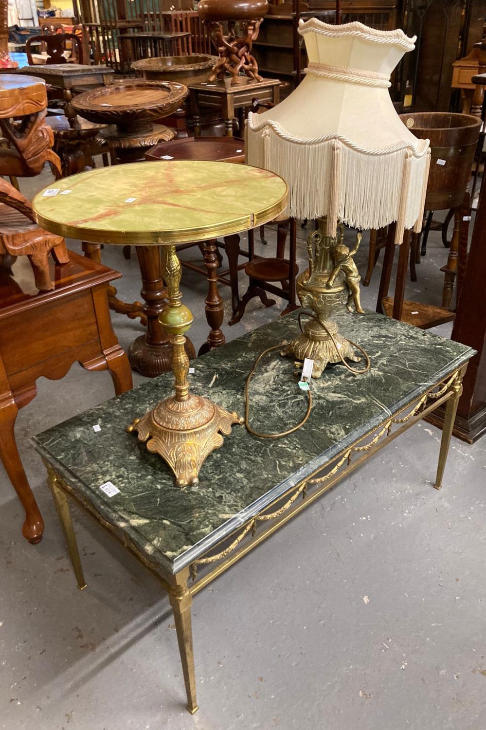 Collection of modern furnishing items to include: gilt brass table lamp decorated with a two handled