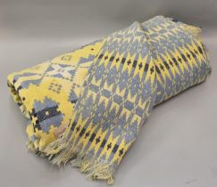 Vintage woollen Welsh tapestry yellow ground fringed edge blanket or carthen. (B.P. 21% + VAT)