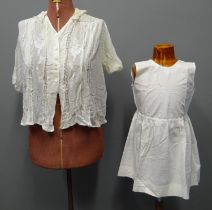 Child's cotton under dress, together with a sheer cotton ladies bed jacket with embroidered and lace