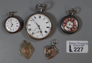 Three silver hallmarked pocket watches together with silver hallmarked fobs, medals with gold