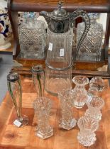 Tray of glassware to include: early 20th century oak Tantalus comprising three square section