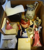 Box of mostly china to include: Coalport figurines; Ladies of Fashion 'Lady in Red', miniature