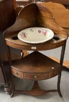 19th century mahogany bow front corner wash stand with ceramic floral bowl. (B.P. 21% + VAT)