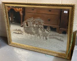 Modern gilt framed bevelled mirror depicting horses pulling a Gypsy caravan. 103x73cm approx. (B.