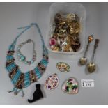 Tub of vintage jewellery to include: brooches, enamel pendants, rings, cufflinks, necklaces,