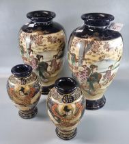 Pair of small Japanese Satsuma vases with panels depicting a figure and a dragon in polychrome
