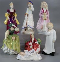 Seven Royal Doulton bone china figurines to include: 'New Baby', 'Lydia', 'Lorette', 'Darling'