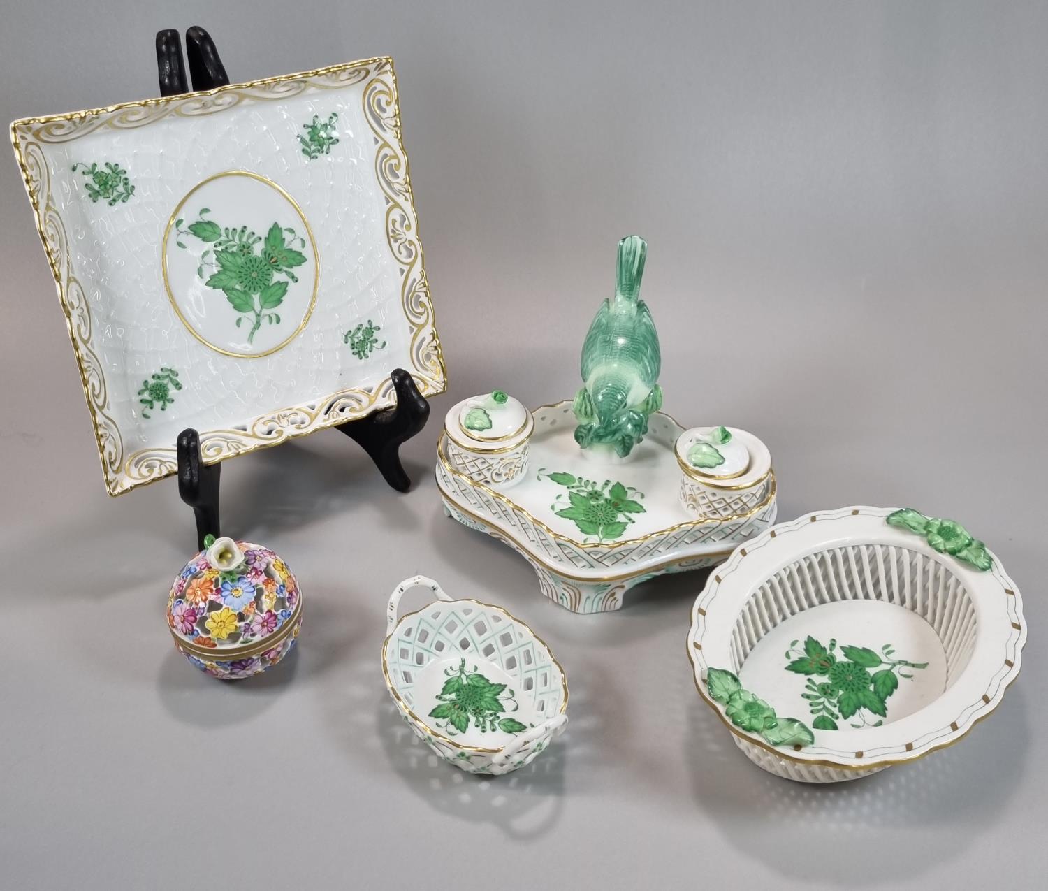 Collection of Herend Hungary 'Chinese Bouquet' green design items to include: desk inkwell with