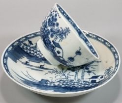 18th century first period Worcester blue and white tea bowl and saucer in the 'Rock Strata Island'