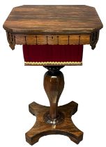 Pretty 19th Century rosewood ladies pedestal work table, the hinged top revealing a fitted