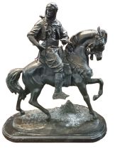 After Alfred Barye (France, 1839-1882), a bronze sculpture of a mounted Arab on his horse and