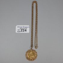 Edward VII gold full sovereign in ornate 9ct mount and 9ct gold fine link chain. 18.8g approx. (B.P.