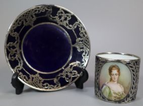 Early 20th century Austrian Vienna porcelain coffee can and saucer, on a blue ground with white