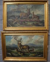 Alfred Worthington, (Welsh, 1835-1927), Stag with hinds on a Welsh moor, a pair, signed. Oils on