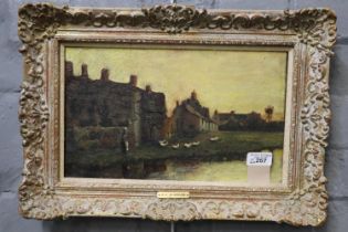 Attributed to W V McGregor (19th Century), goose girl and cottages, oils on canvas. 21cm x 35cm