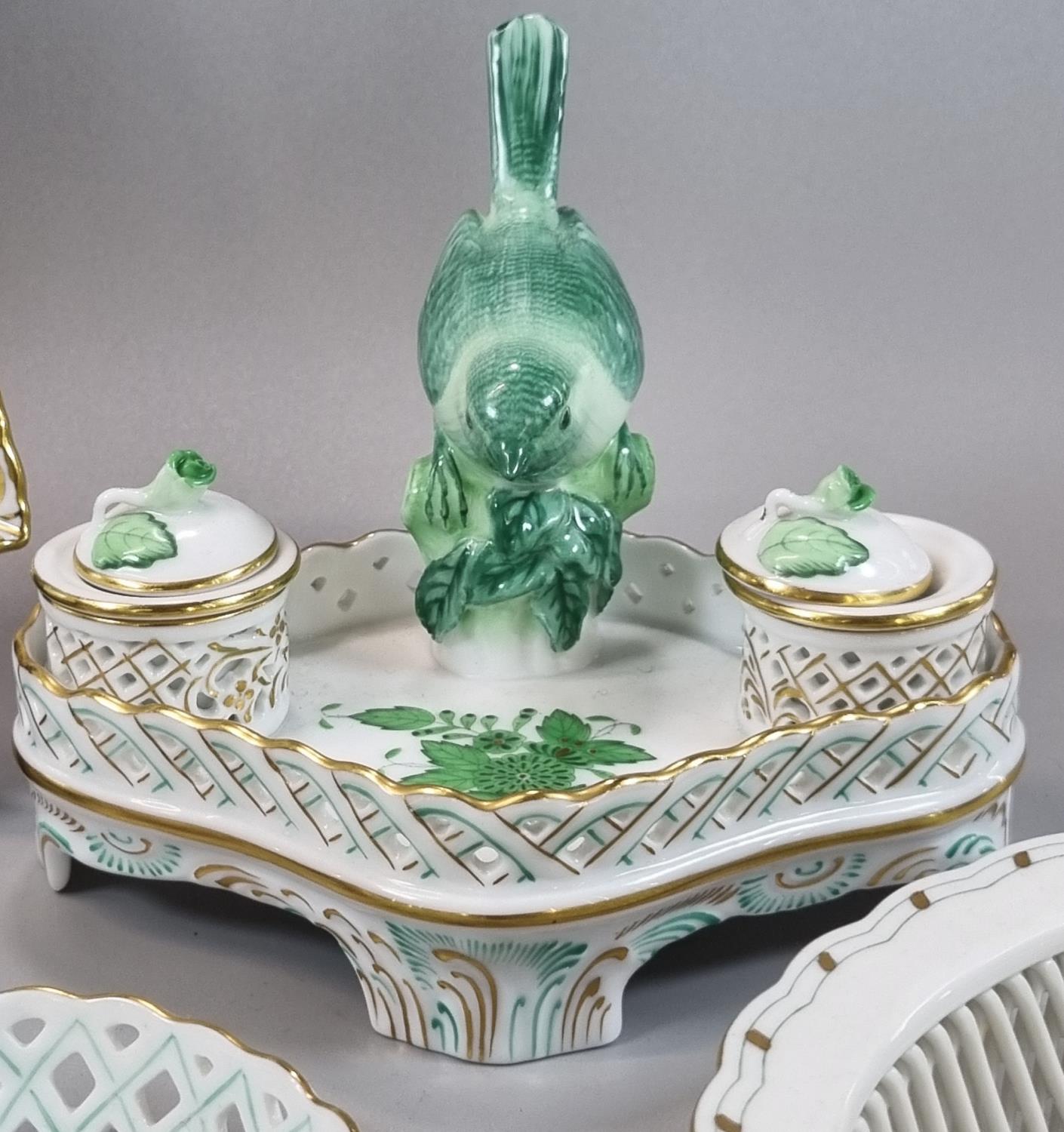 Collection of Herend Hungary 'Chinese Bouquet' green design items to include: desk inkwell with - Image 3 of 7