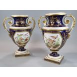 Pair of early 19th century Bloor Derby porcelain two handled urn shaped vases on a cobalt blue and
