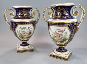 Pair of early 19th century Bloor Derby porcelain two handled urn shaped vases on a cobalt blue and