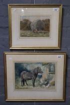 John Emms (British, 1843-1912), Shetland Pony with Doves by a cottage, signed. Watercolours. 25cms x