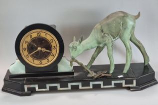 Art Deco slate and onyx geometric two train mantel clock with spelter verdigris figure of a fawn (