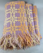 Unusual vintage woollen Welsh tapestry lilac ground geometric design fringed edge blanket or
