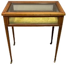 Edwardian inlaid and cross banded mahogany bijouterie table of rectangular form with hinged top,