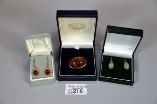 Pair of 9ct gold and green hardstone cabochon earrings, together with a pair of 9ct gold and amber