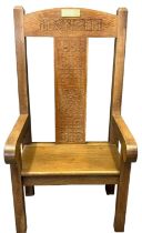 Early 20th Century Welsh oak Bardic throne chair, marked 'Llanelly 1939' with Celtic strapwork