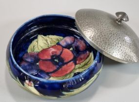 Moorcroft Pottery tube lined Anemone design bowl with Tudric pewter cover marked 'Tudric Moorcroft