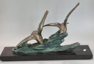 Art Deco design spelter figure group of two gulls with outstretched wings on a rocky outcrop above a