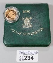 Royal Mint Elizabeth II full gold proof sovereign dated 1980 in fitted case. (B.P. 21% + VAT)