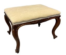 Victorian mahogany upholstered stool with moulded foliate frieze on cabriole legs. 64 x 50 x 49cm (