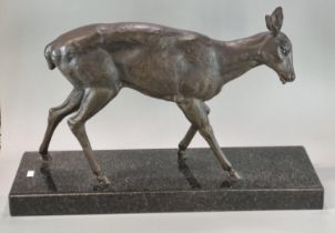 Art Deco design hollow bronze study of a fawn raised on a rectangular granite base. 55cm long