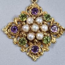 Edwardian style 9ct gold suffragette pendant of square form inset with pearls, amethyst and perido