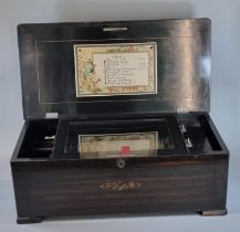 19th Century Swiss musical box, having inlaid and ebonised case with hinged cover revealing cylinder