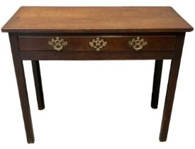 18th Century Welsh oak side table, having two plank top over single frieze drawer on chamfered