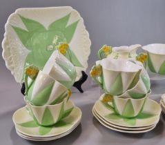 Twenty one piece Shelley bone china Art Deco part tea set on a white and green ground with