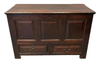 18th Century oak three panel coffer having hinged lid above three raised and fielded panels with two