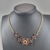 19th Century 18ct gold curb link necklace pendant set with a cluster of floral stones, probably