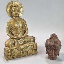 Cast yellow metal Buddha with a halo of enlightenment behind the head, seated in Padmasana, on a