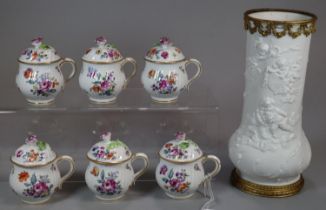 Set of six Austrian porcelain hand painted cream cups and covers with floral sprays and encrusted