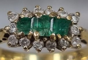 Gold, diamond and emerald multi-cluster ring. Indistinct marks; initials J.G. 3.7g approx. Ring size
