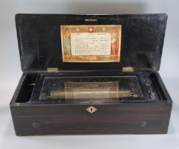 19th Century Swiss musical box, having ebonised and inlaid case, cylinder movement playing eight