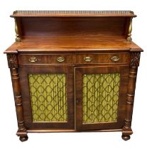 George IV mahogany break front chiffonier having brass gallery to the upper shelf with brass