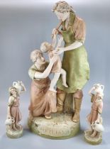 Large Royal Dux figure group titled 'PAX ET LABOR', the figures modelled as a mother passing her