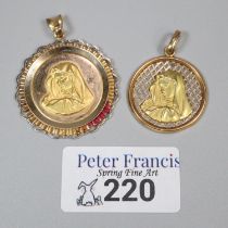 Two similar 18ct gold Italian Virgin Mary pendants, the largest 3.2cm diameter approx, both weighing
