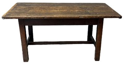 Probably 19th Century rustic oak farmhouse table with cleated three plank top on square section legs