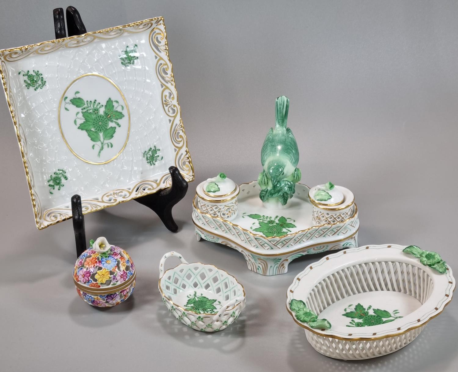 Collection of Herend Hungary 'Chinese Bouquet' green design items to include: desk inkwell with - Image 2 of 7