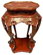 Large Chinese design red lacquered fishtank or jardiniere stand, having serpentine shaped top