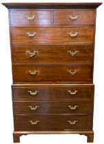 George III mahogany tallboy chest on chest having moulded dentil cornice over two short and three